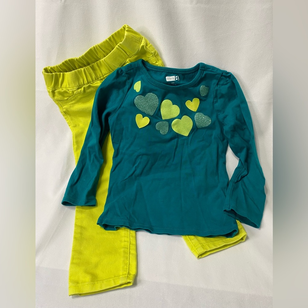 Crazy 8 Dark Turquoise Green Heart Top with Matching Yellow-Green Pants Size 2T